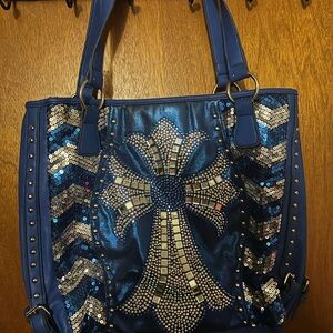 Blue Sequin Cross Tote Bag